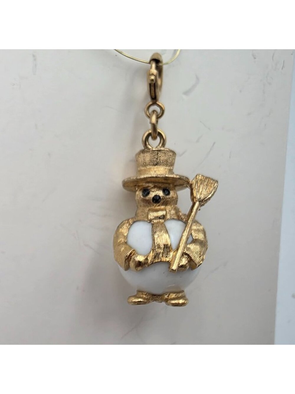 Vintage Monet Gold-Tone Snowman Charm Pendant Glass White Bead Lobster Clasp